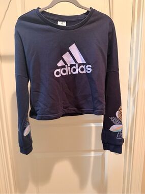 adidas Girls Navy Cropped Logo Sweatshirt with Sleeve Graphics